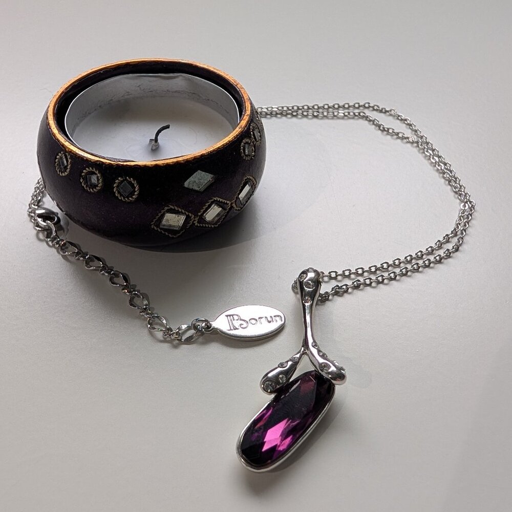 Borun Crystal Silver Chain Necklace Silver Pendant Large Purple & White Crystals